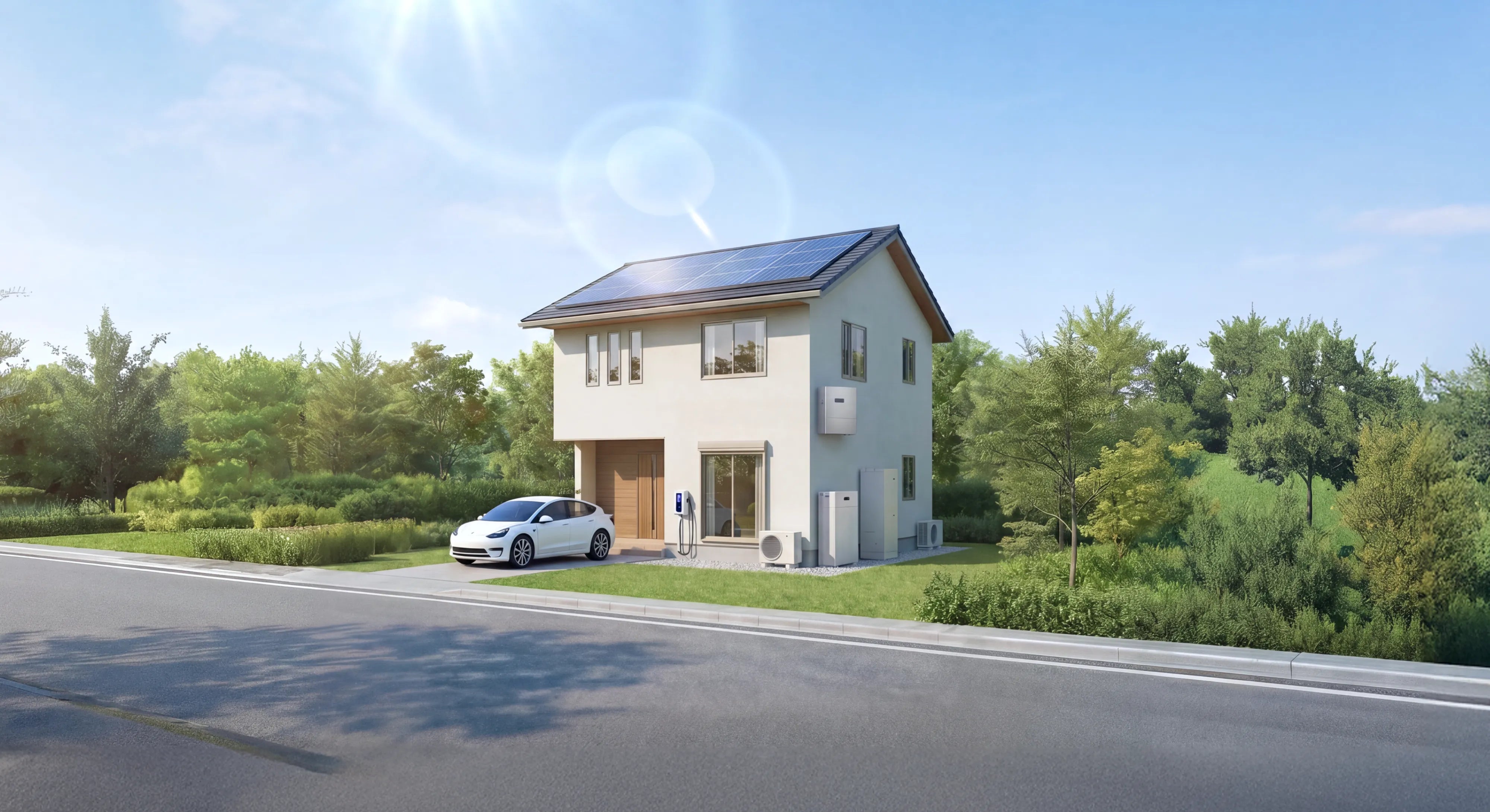 ソーラーパネルと家庭用蓄電池を設置した住宅
