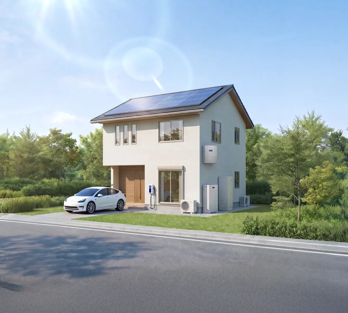 ソーラーパネルと家庭用蓄電池を設置した住宅