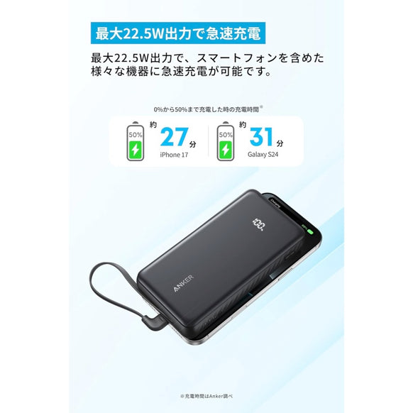 Anker Zolo Power Bank (20000mAh, 22.5W, Built-In USB-Cケーブル）