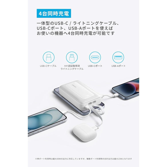 Anker Zolo Power Bank (20000mAh, 30W, Built-In USB-C / ライトニングケーブル)