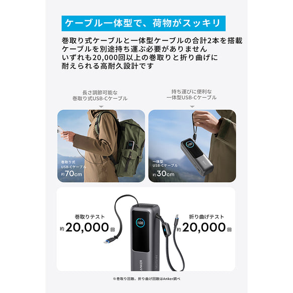 Anker Power Bank (25000mAh, Built-In & 巻取り式USB-Cケーブル)