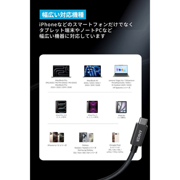 Anker Prime USB-C & USB-C ケーブル Thunderbolt 4 (240W, 40Gbps) 1.0m
