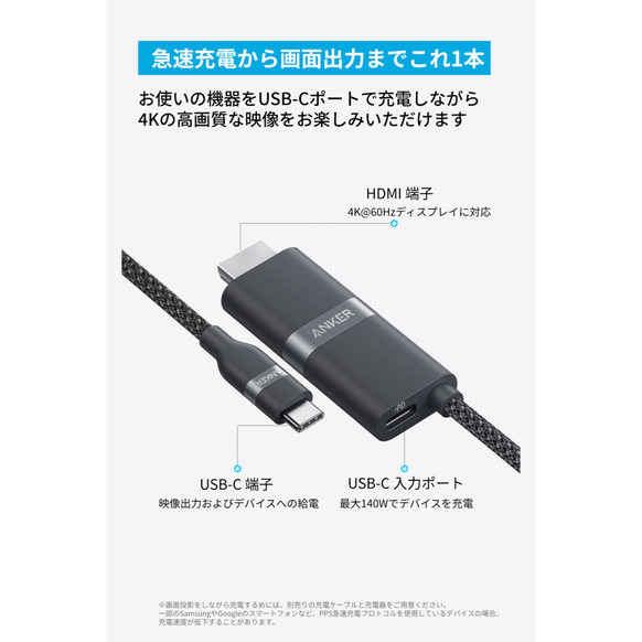 Anker Nano USB-C & HDMI ケーブル (4K, 高耐久ナイロン, 140W)