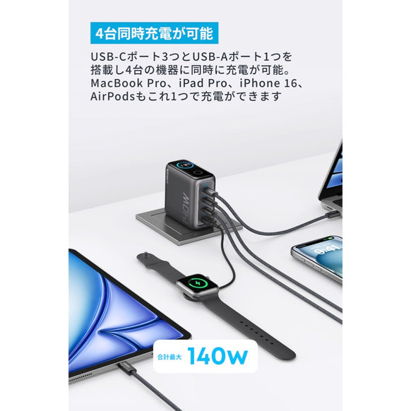 Anker Charger (140W, 4 Ports) with USB-C & USB-C ケーブル